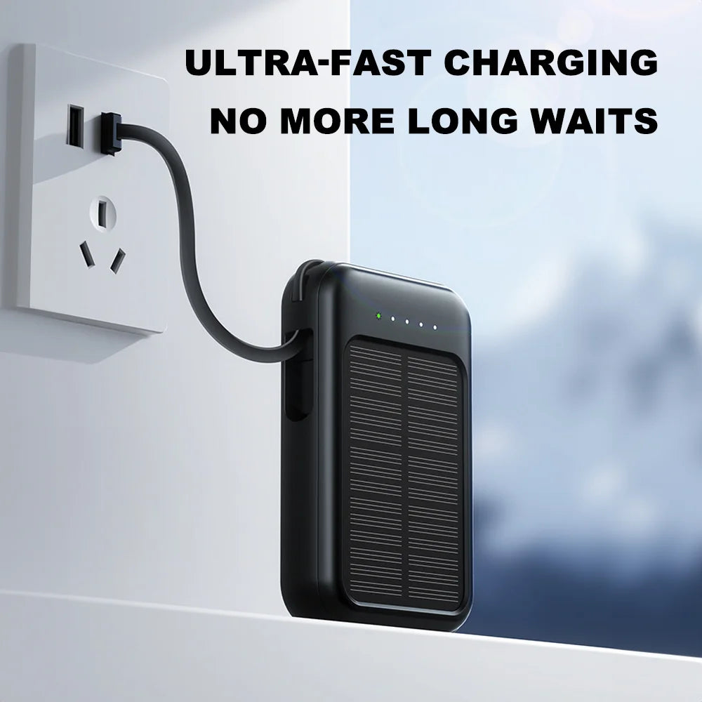 20000mAh Solar Power Bank Fast Charging Built in 4 Cables Portable External Battery Charger with Flash Light for Mobile Phones