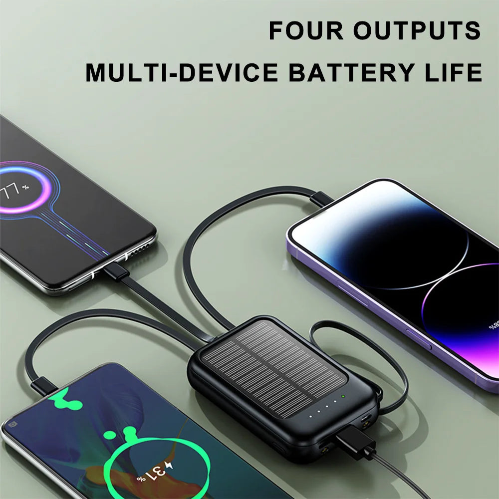 20000mAh Solar Power Bank Fast Charging Built in 4 Cables Portable External Battery Charger with Flash Light for Mobile Phones