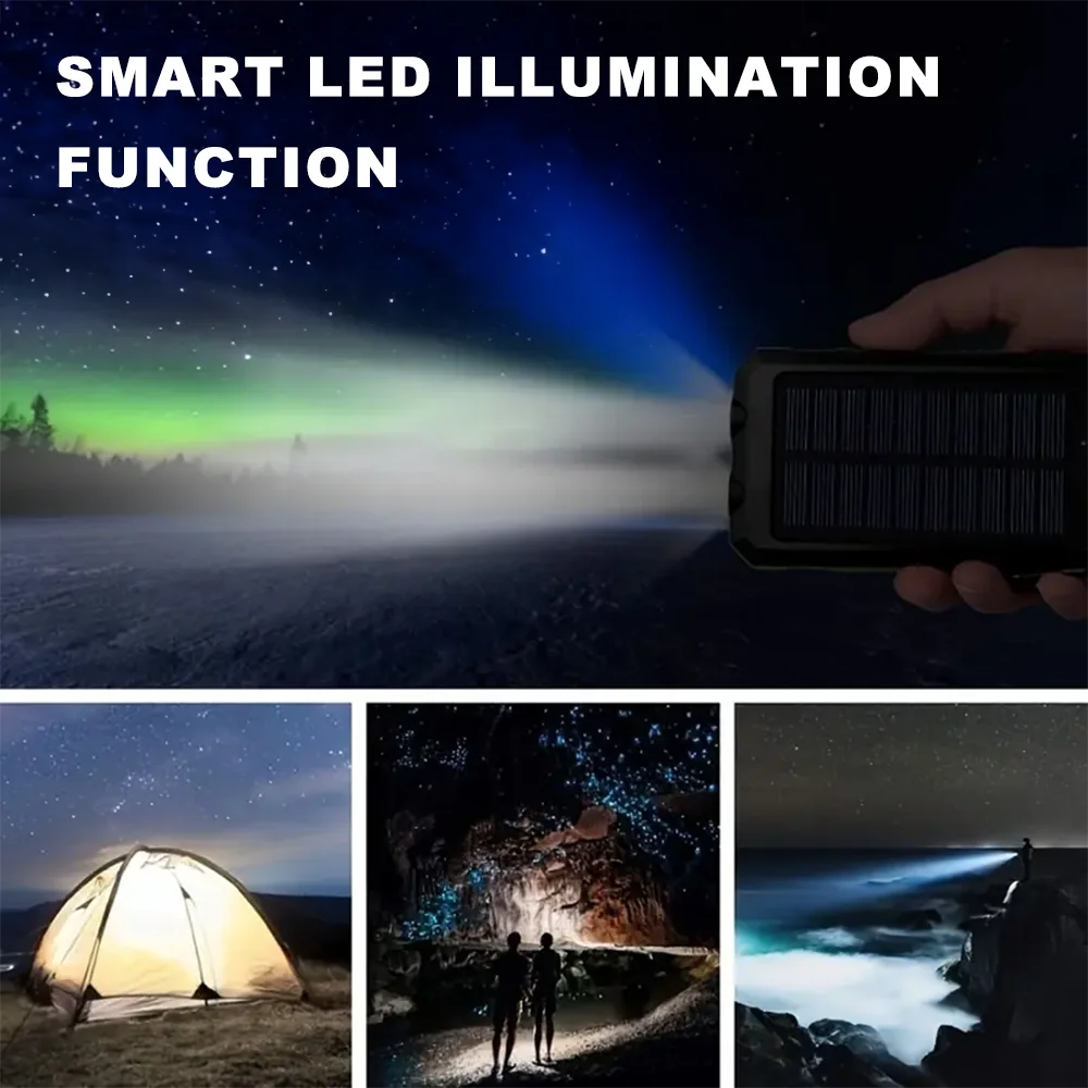 20000mAh Solar Power Bank Fast Charging Built in 4 Cables Portable External Battery Charger with Flash Light for Mobile Phones