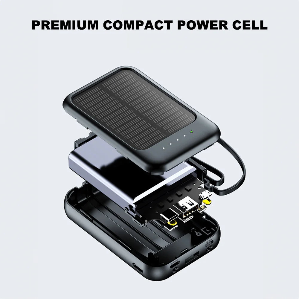 20000mAh Solar Power Bank Fast Charging Built in 4 Cables Portable External Battery Charger with Flash Light for Mobile Phones