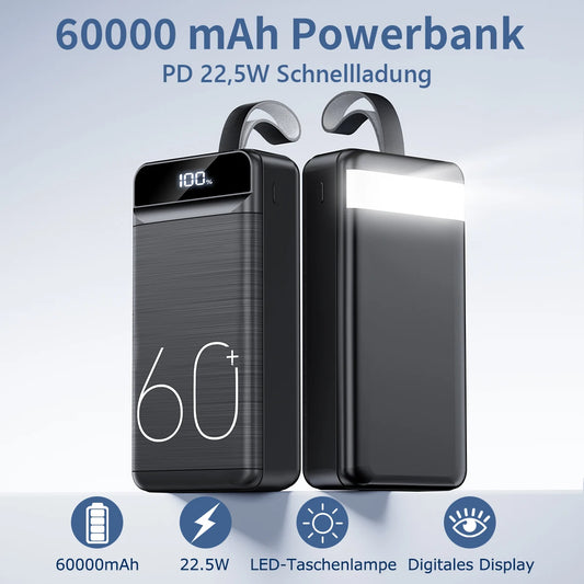 Hganus 60000mAh PowerBank 22.5W Fast Charging with Flashlight Portable Powerbank External Battery For iPad iPhone Samsung Xiaomi