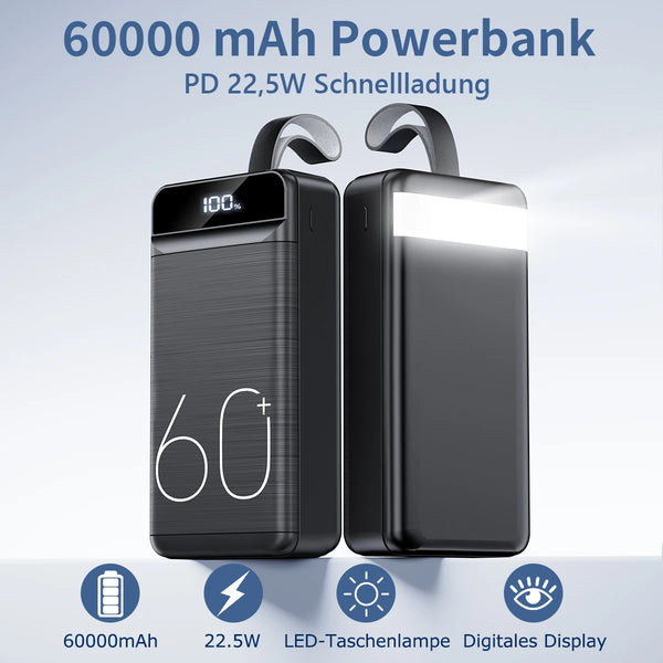 Hganus 60000mAh PowerBank 22.5W Fast Charging with Flashlight Portable Powerbank External Battery For iPad iPhone Samsung Xiaomi