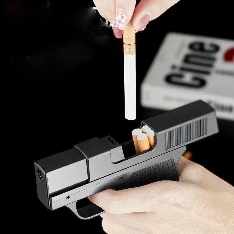 Unusual Pistol Style Lighters Cigarette Case Jet Turb Torch Lighter Capacity 10PCS Cigarette Windproof Cigar Lighter Man's Gift