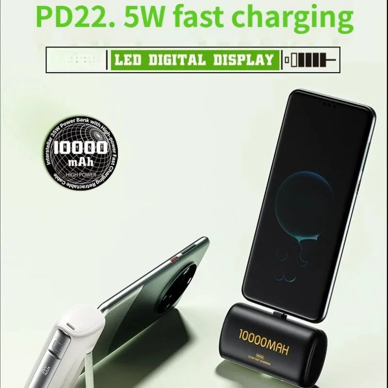 10000mAh Power Bank PD 22.5W Fast Charging with Integrated Type-C & Lightning Cable LED Display Stand, Black