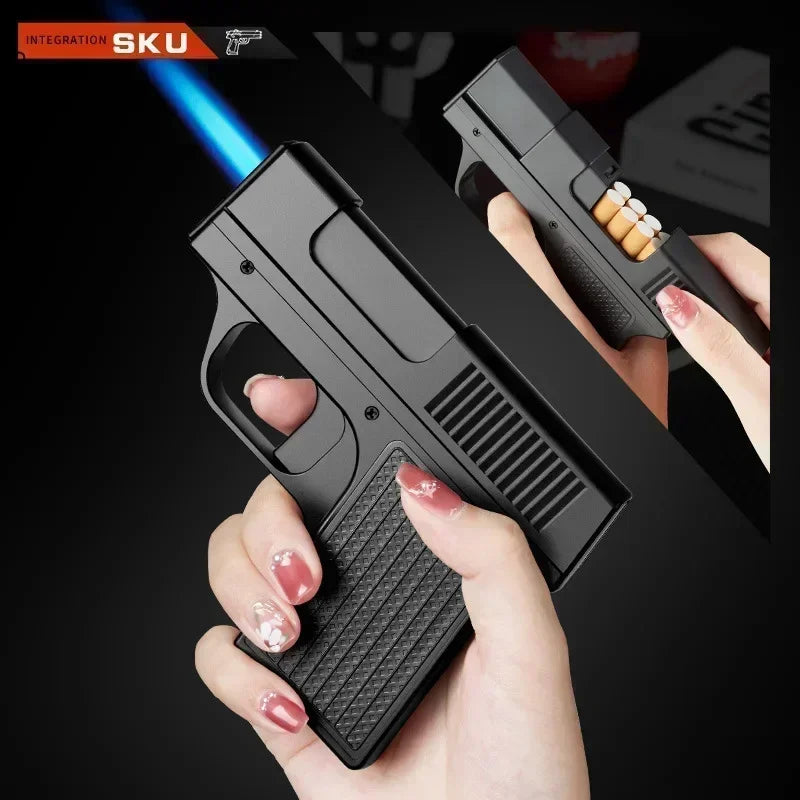 Unusual Pistol Style Lighters Cigarette Case Jet Turb Torch Lighter Capacity 10PCS Cigarette Windproof Cigar Lighter Man's Gift
