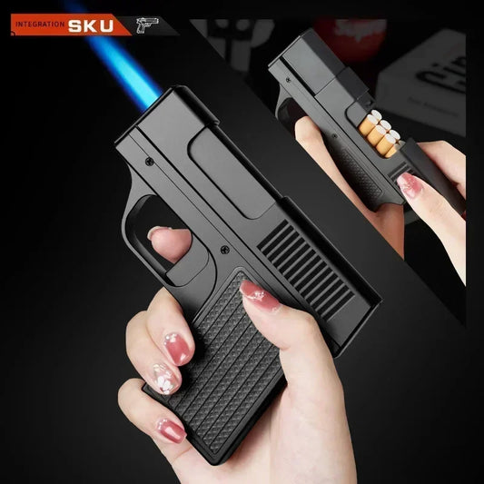 Unusual Pistol Style Lighters Cigarette Case Jet Turb Torch Lighter Capacity 10PCS Cigarette Windproof Cigar Lighter Man's Gift