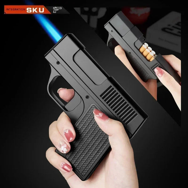 Unusual Pistol Style Lighters Cigarette Case Jet Turb Torch Lighter Capacity 10PCS Cigarette Windproof Cigar Lighter Man's Gift