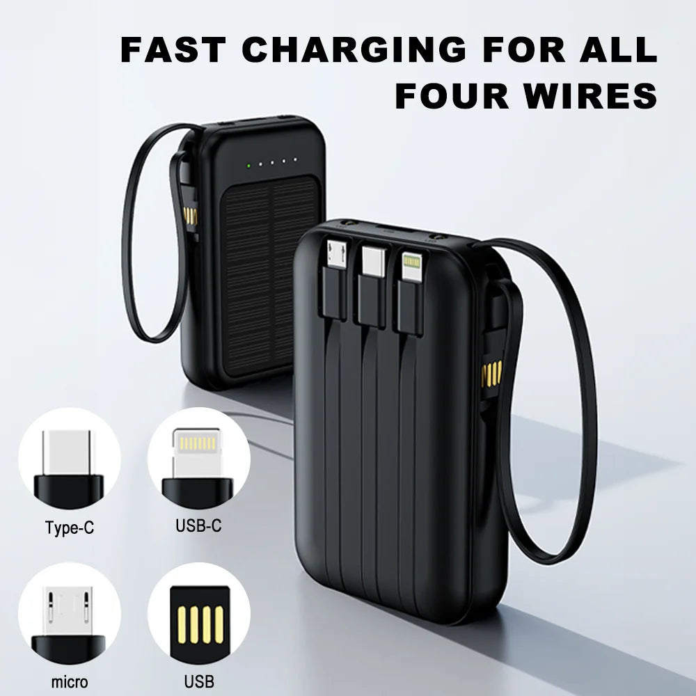 20000mAh Solar Power Bank Fast Charging Built in 4 Cables Portable External Battery Charger with Flash Light for Mobile Phones
