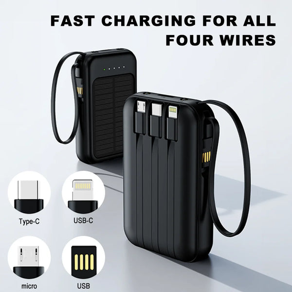 20000mAh Solar Power Bank Fast Charging Built in 4 Cables Portable External Battery Charger with Flash Light for Mobile Phones
