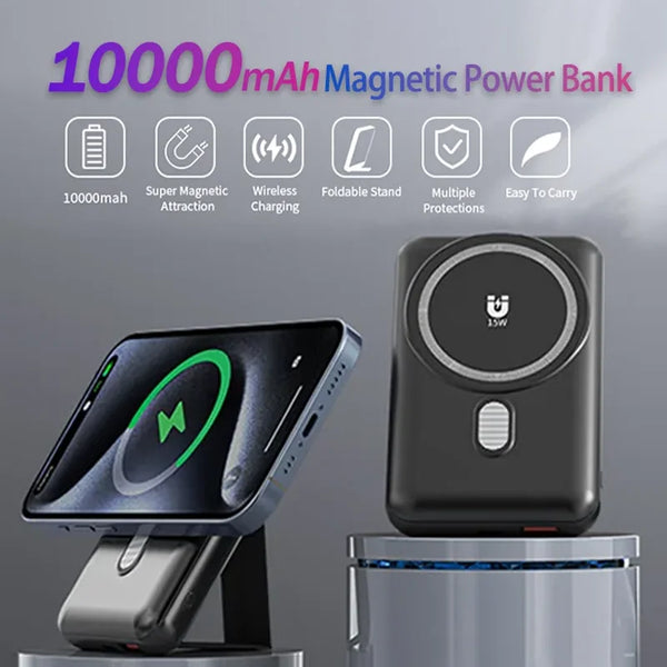 Hganus 10000mAh 2in1 Wireless Magnetic Powerbank with Phone Holder Fast Charging External Battery Powerbank for Phone Xiaomi 17