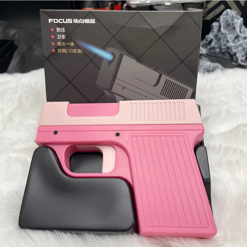 Unusual Pistol Style Lighters Cigarette Case Jet Turb Torch Lighter Capacity 10PCS Cigarette Windproof Cigar Lighter Man's Gift