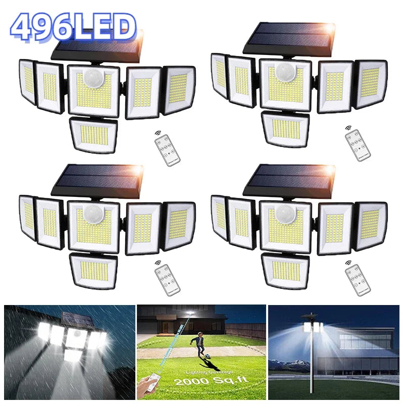 496 LED Solar Strahler mit Bewegungsmelder – IP65 Außenleuchte mit Fernbedienung